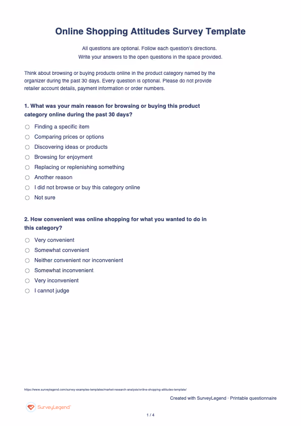 First page of the printable Online Shopping Attitudes Survey Template with questions and answer spaces