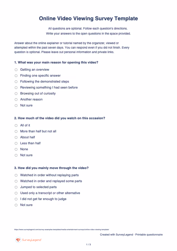 First page of the printable Online Video Viewing Survey Template with questions and answer spaces