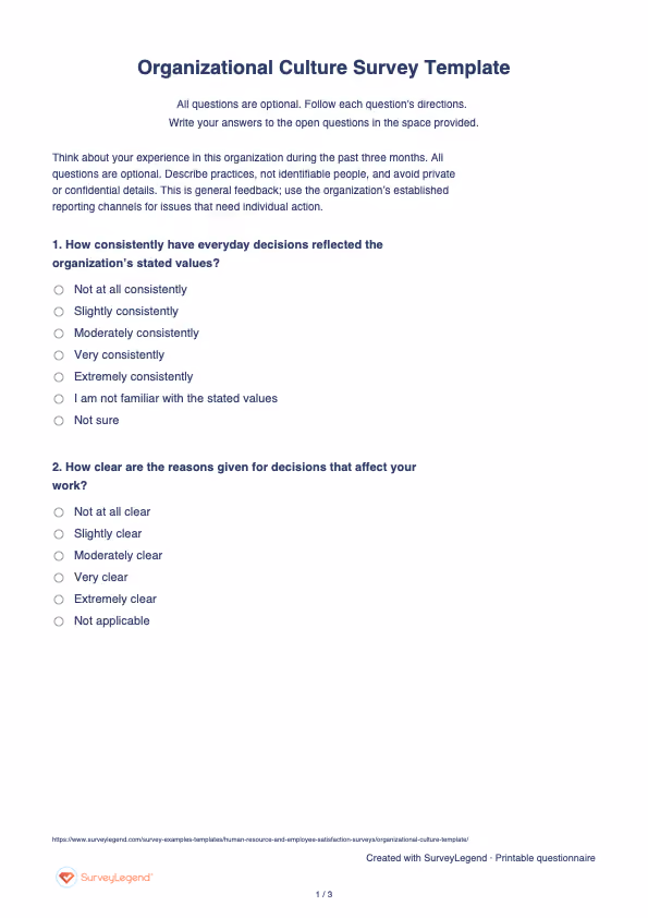 First page of the printable Organizational Culture Survey Template with questions and answer spaces