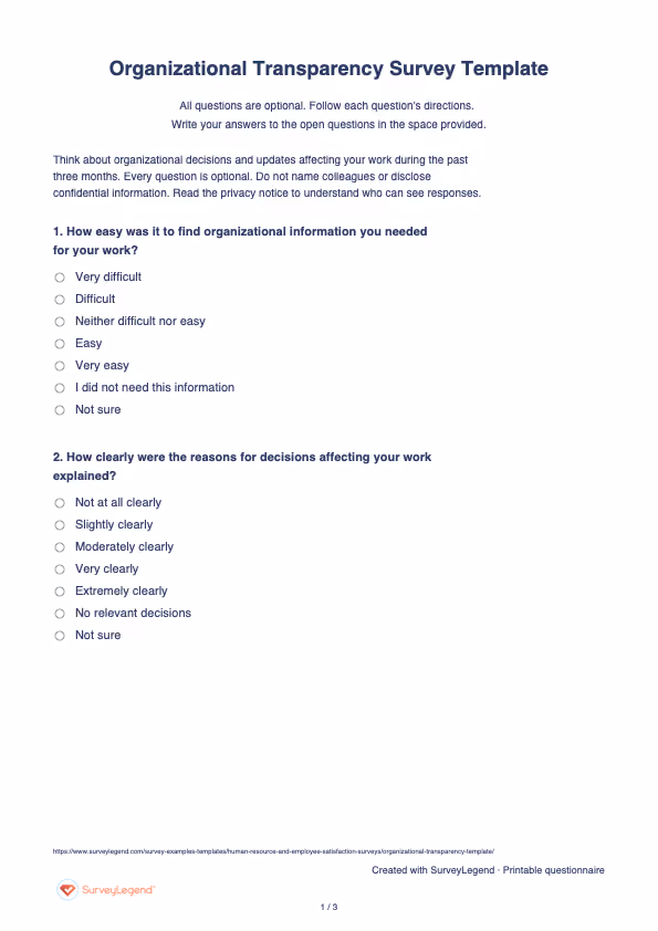 First page of the printable Organizational Transparency Survey Template with questions and answer spaces