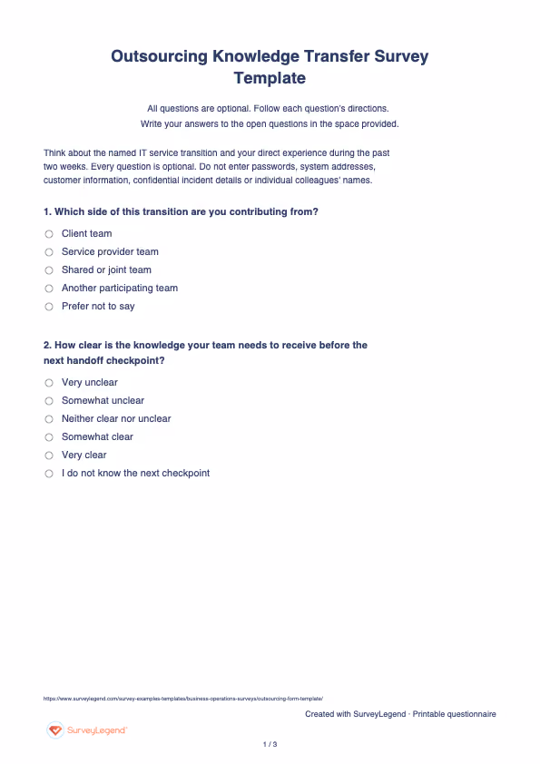 First page of the printable Outsourcing Knowledge Transfer Survey Template with questions and answer spaces