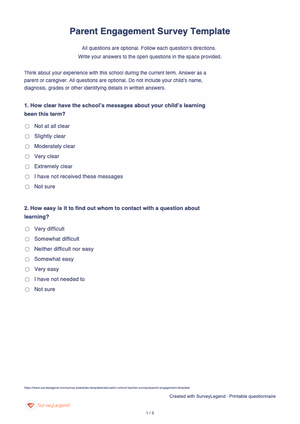 First page of the printable Parent Engagement Survey Template with questions and answer spaces