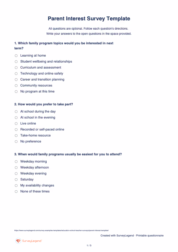 First page of the printable Parent Interest Survey Template with questions and answer spaces