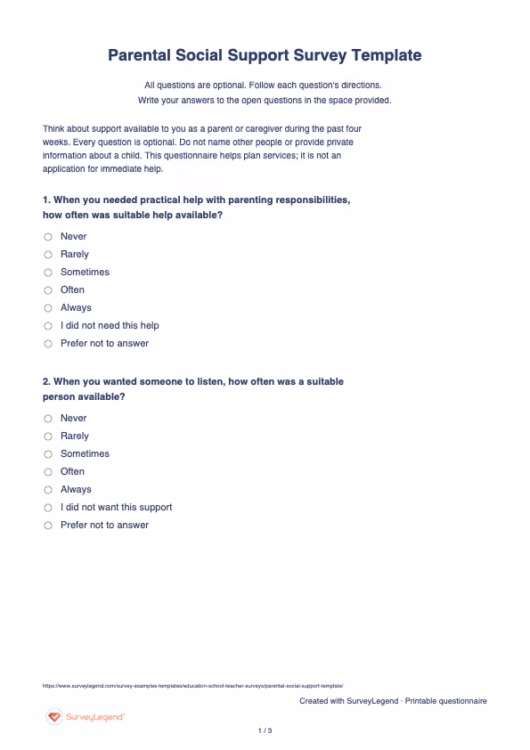 First page of the printable Parental Social Support Survey Template with questions and answer spaces