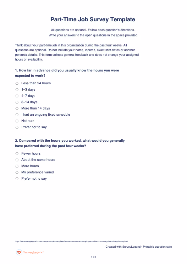 First page of the printable Part-Time Job Survey Template with questions and answer spaces