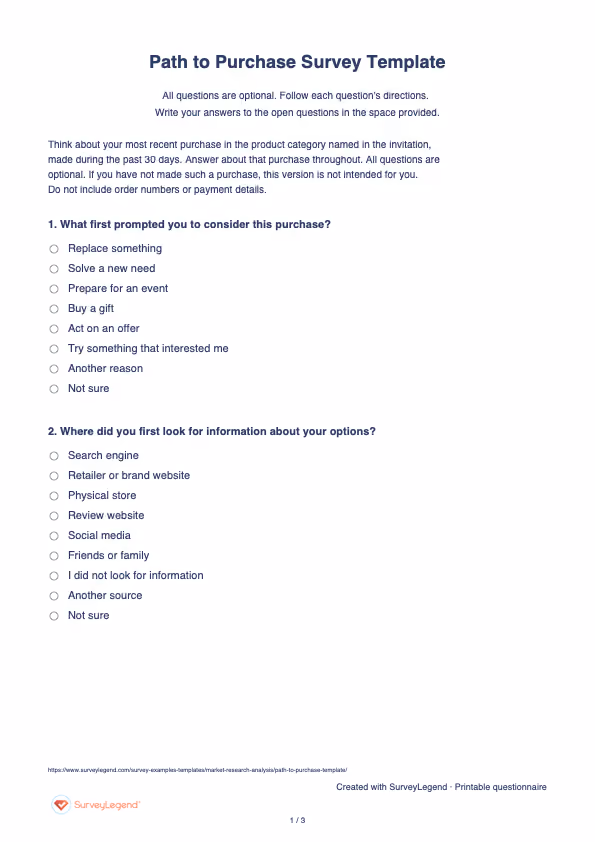 First page of the printable Path to Purchase Survey Template with questions and answer spaces