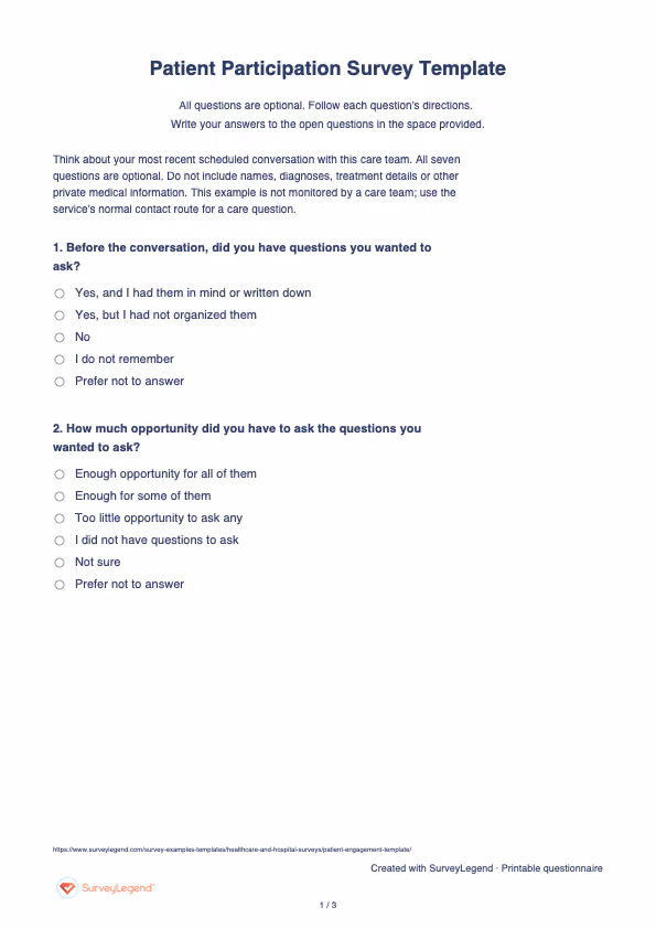 First page of the printable Patient Participation Survey Template with questions and answer spaces