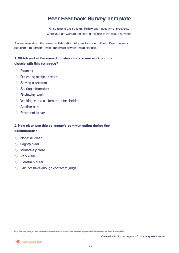 First page of the printable Peer Feedback Survey Template with questions and answer spaces