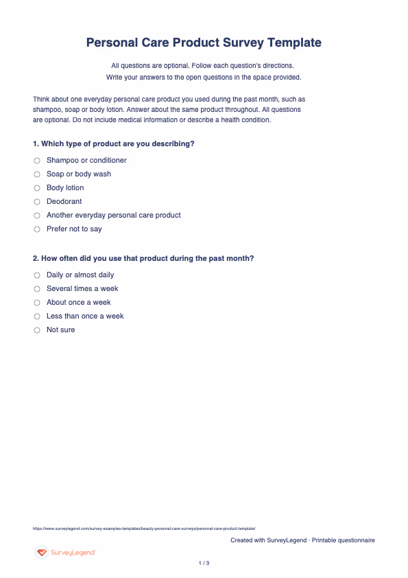 First page of the printable Personal Care Product Survey Template with questions and answer spaces