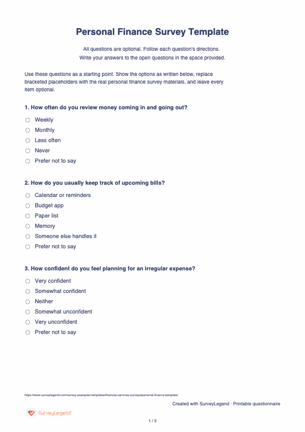 First page of the printable Personal Finance Survey Template with questions and answer spaces