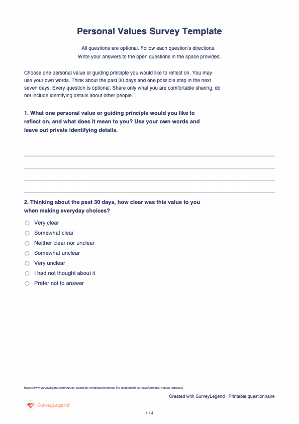 First page of the printable Personal Values Survey Template with questions and answer spaces