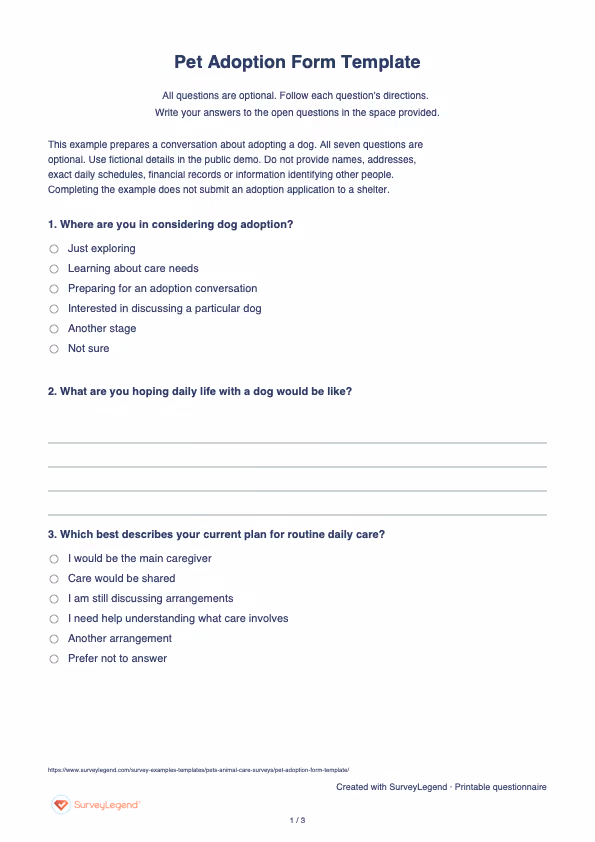 First page of the printable Pet Adoption Form Template with questions and answer spaces