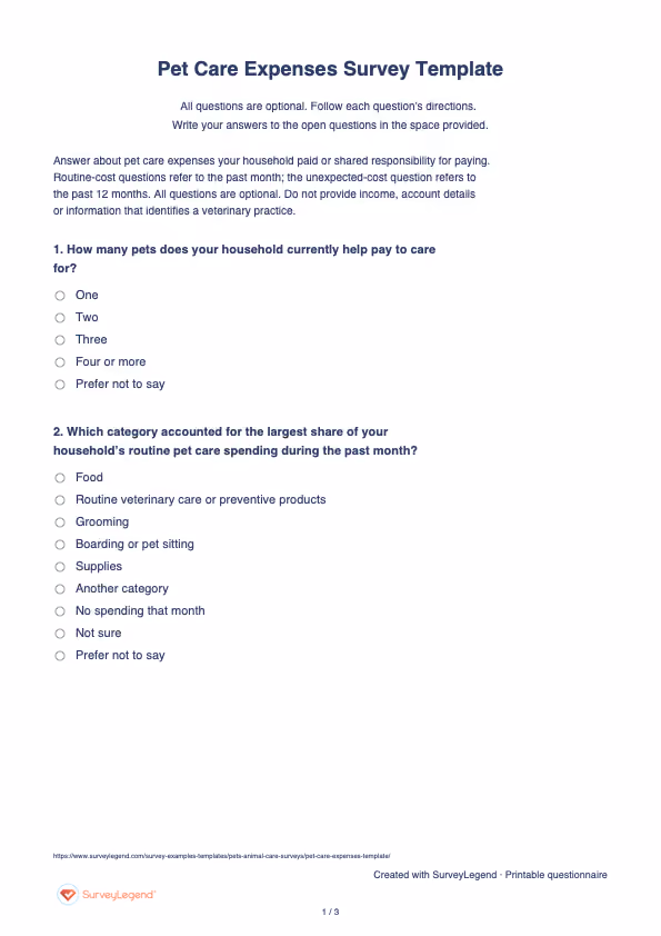 First page of the printable Pet Care Expenses Survey Template with questions and answer spaces