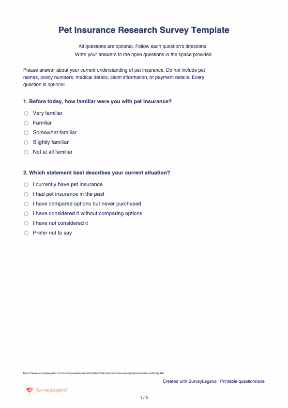 First page of the printable Pet Insurance Research Survey Template with questions and answer spaces