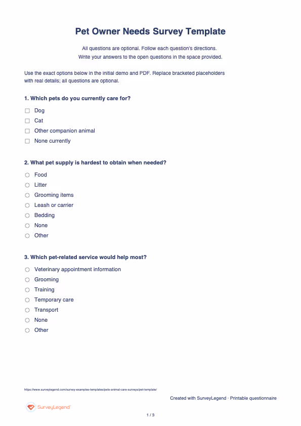 First page of the printable Pet Owner Needs Survey Template with questions and answer spaces