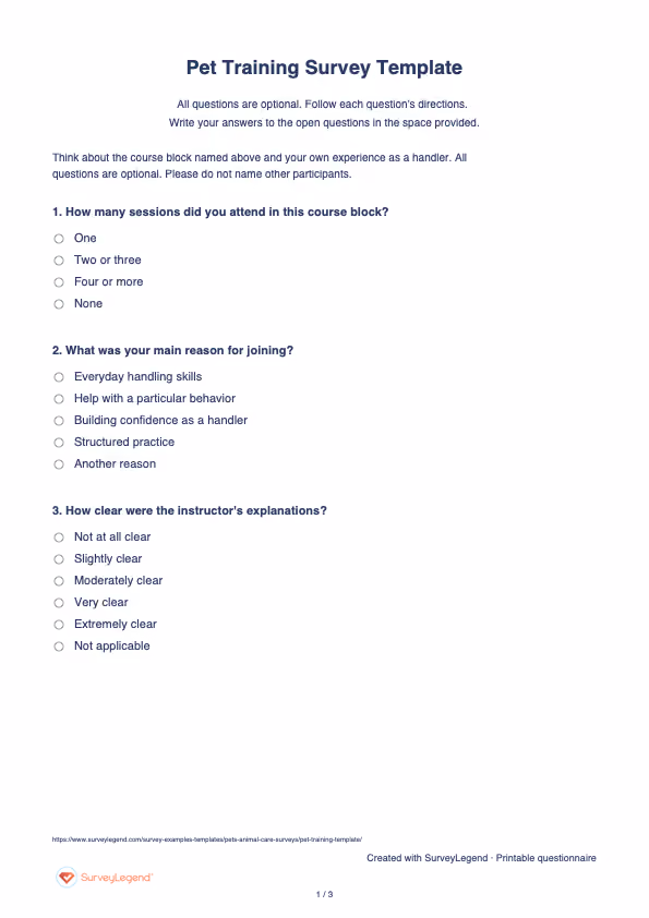First page of the printable Pet Training Survey Template with questions and answer spaces