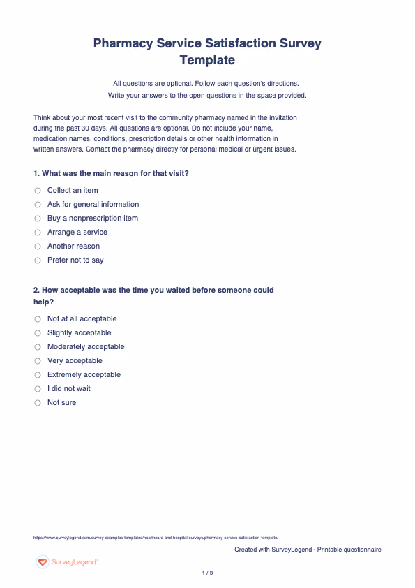First page of the printable Pharmacy Service Satisfaction Survey Template with questions and answer spaces