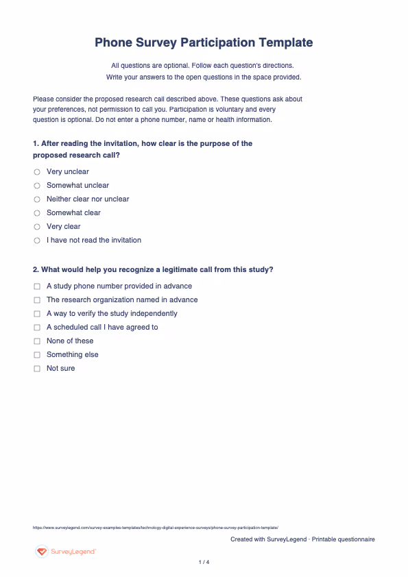First page of the printable Phone Survey Participation Template with questions and answer spaces