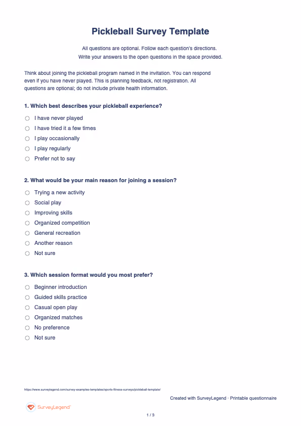 First page of the printable Pickleball Survey Template with questions and answer spaces