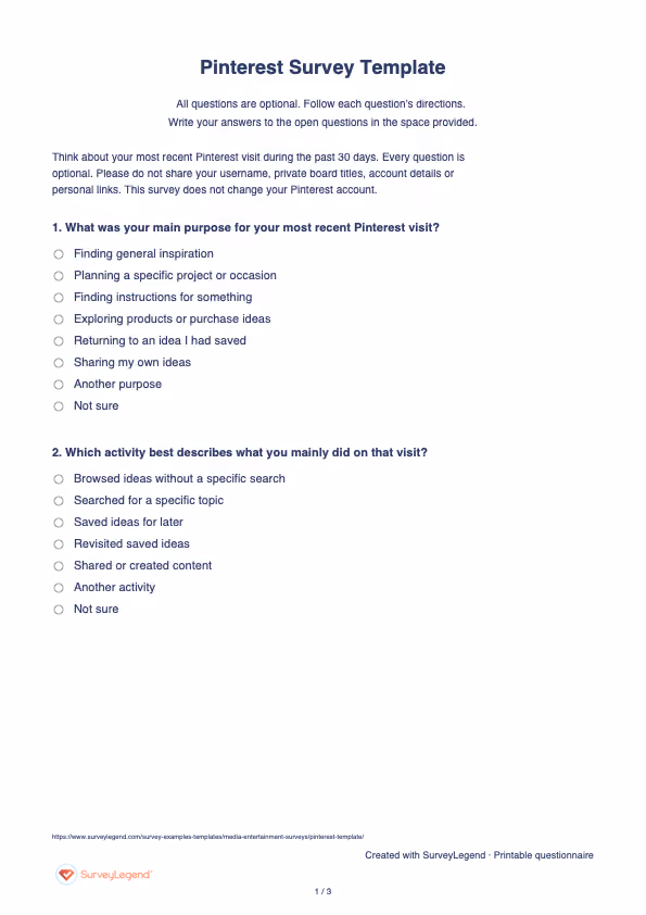 First page of the printable Pinterest Survey Template with questions and answer spaces