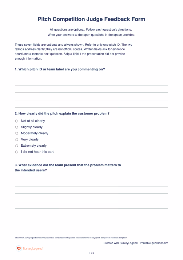 First page of the printable Pitch Competition Judge Feedback Form with questions and answer spaces