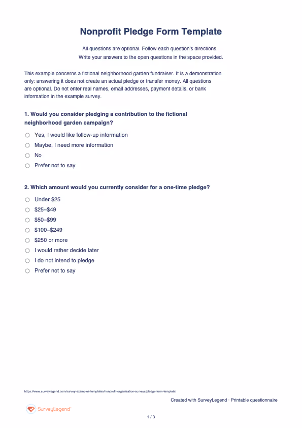 First page of the printable Nonprofit Pledge Form Template with questions and answer spaces
