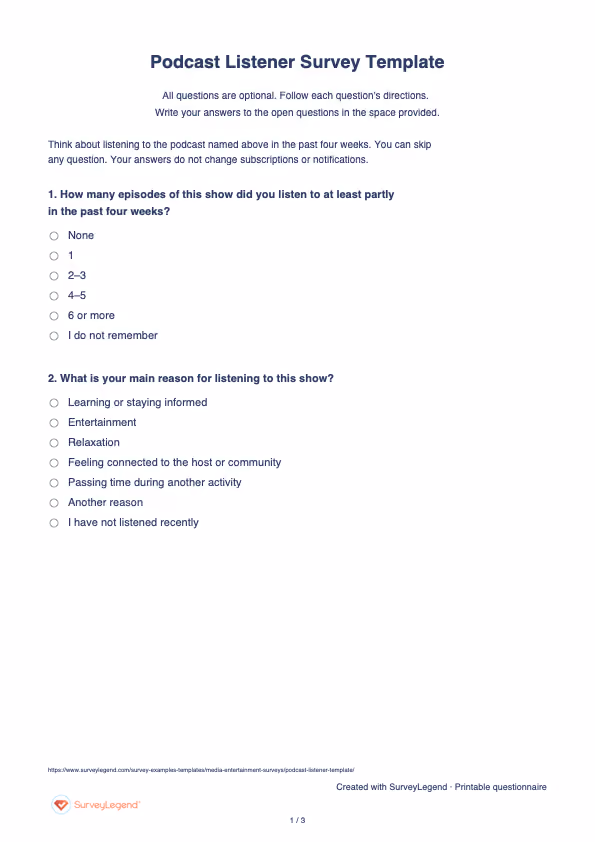 First page of the printable Podcast Listener Survey Template with questions and answer spaces