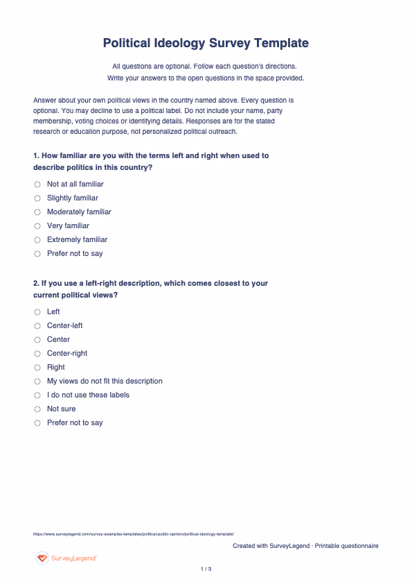 First page of the printable Political Ideology Survey Template with questions and answer spaces