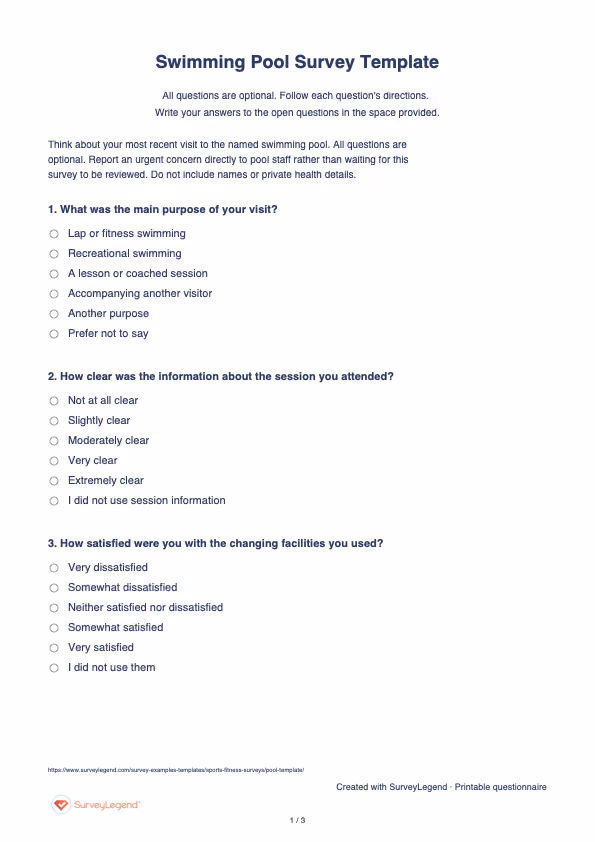 First page of the printable Swimming Pool Survey Template with questions and answer spaces