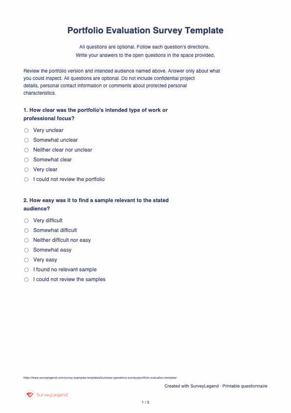 First page of the printable Portfolio Evaluation Survey Template with questions and answer spaces