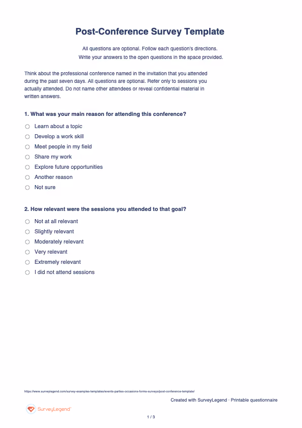 First page of the printable Post-Conference Survey Template with questions and answer spaces