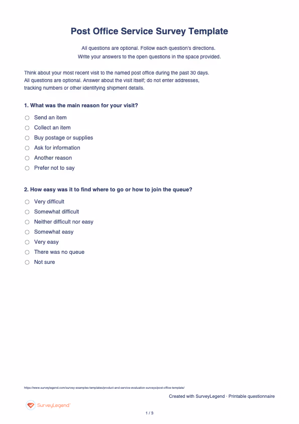 First page of the printable Post Office Service Survey Template with questions and answer spaces