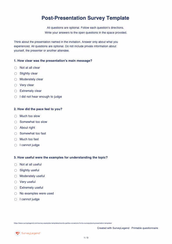 First page of the printable Post-Presentation Survey Template with questions and answer spaces