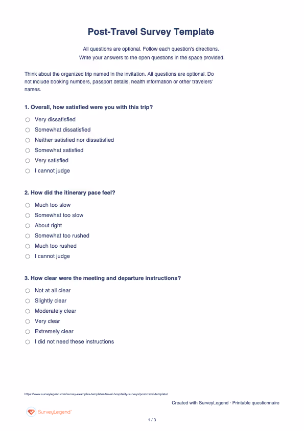 First page of the printable Post-Travel Survey Template with questions and answer spaces