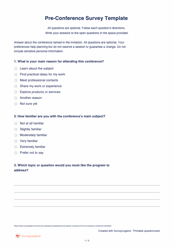 First page of the printable Pre-Conference Survey Template with questions and answer spaces