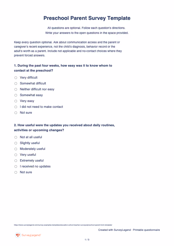 First page of the printable Preschool Parent Survey Template with questions and answer spaces