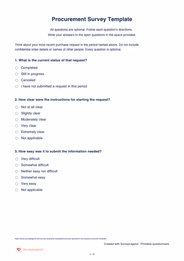 First page of the printable Procurement Survey Template with questions and answer spaces