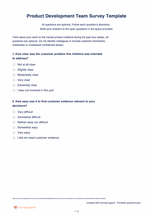 First page of the printable Product Development Team Survey Template with questions and answer spaces