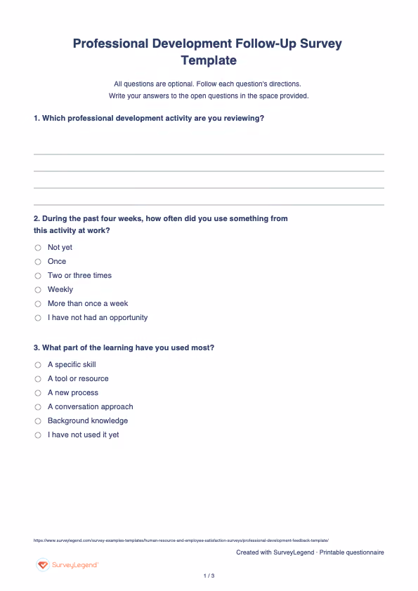 First page of the printable Professional Development Follow-Up Survey Template with questions and answer spaces