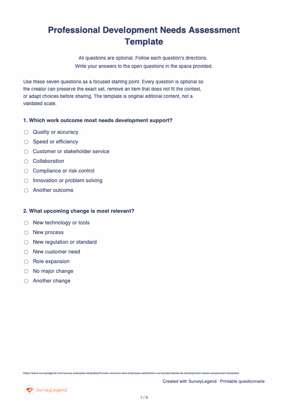 First page of the printable Professional Development Needs Assessment Template with questions and answer spaces