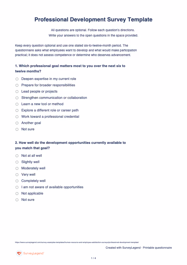 First page of the printable Professional Development Survey Template with questions and answer spaces