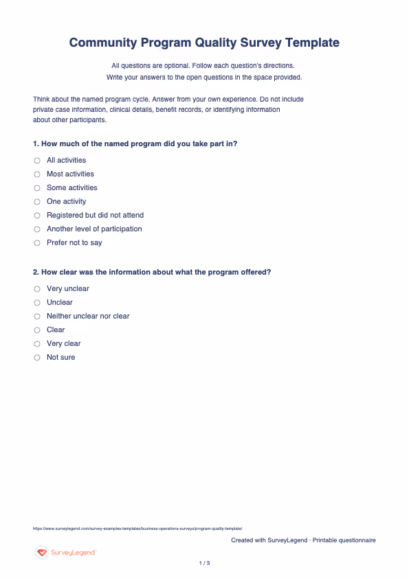 First page of the printable Community Program Quality Survey Template with questions and answer spaces