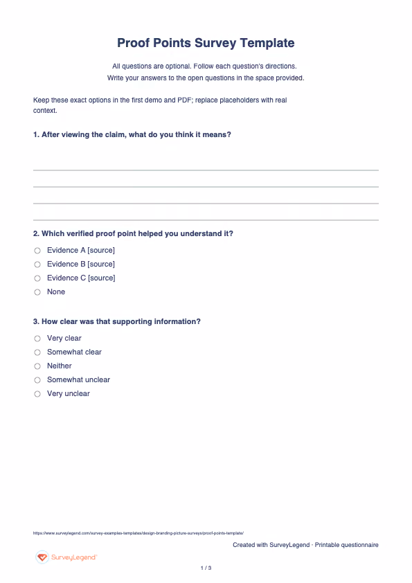 First page of the printable Proof Points Survey Template with questions and answer spaces