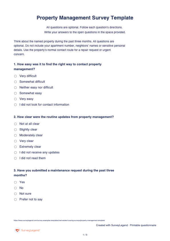 First page of the printable Property Management Survey Template with questions and answer spaces
