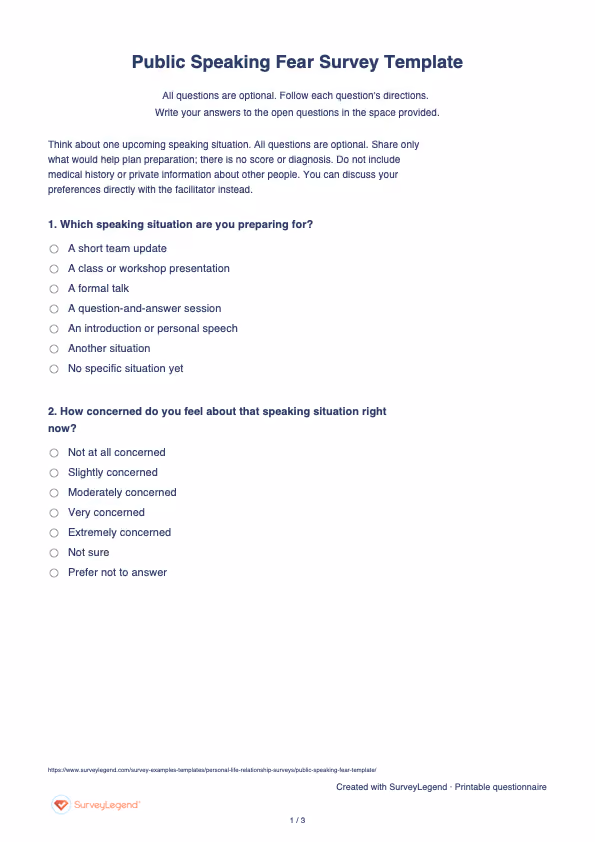 First page of the printable Public Speaking Fear Survey Template with questions and answer spaces