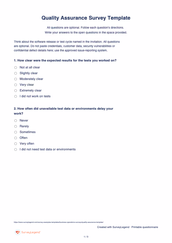 First page of the printable Quality Assurance Survey Template with questions and answer spaces