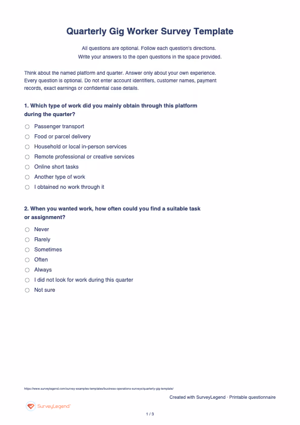 First page of the printable Quarterly Gig Worker Survey Template with questions and answer spaces
