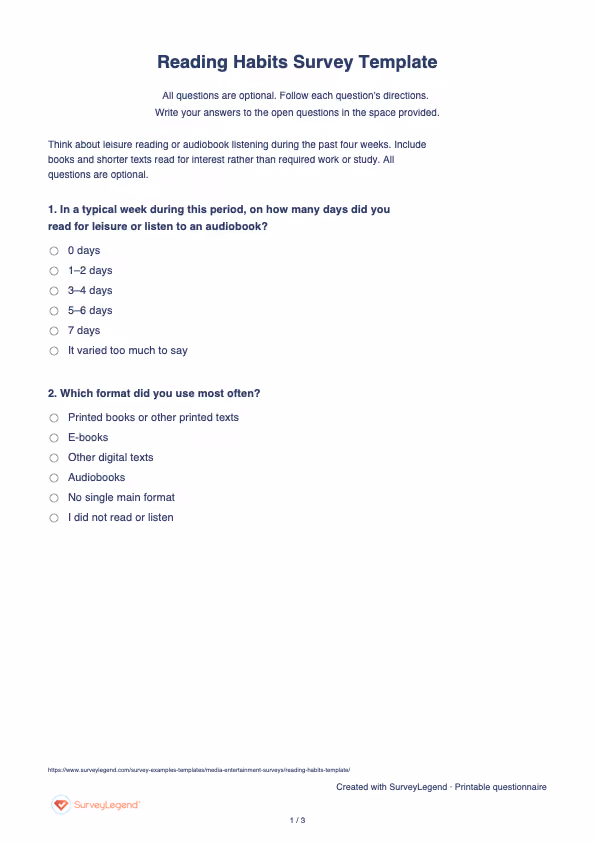 First page of the printable Reading Habits Survey Template with questions and answer spaces