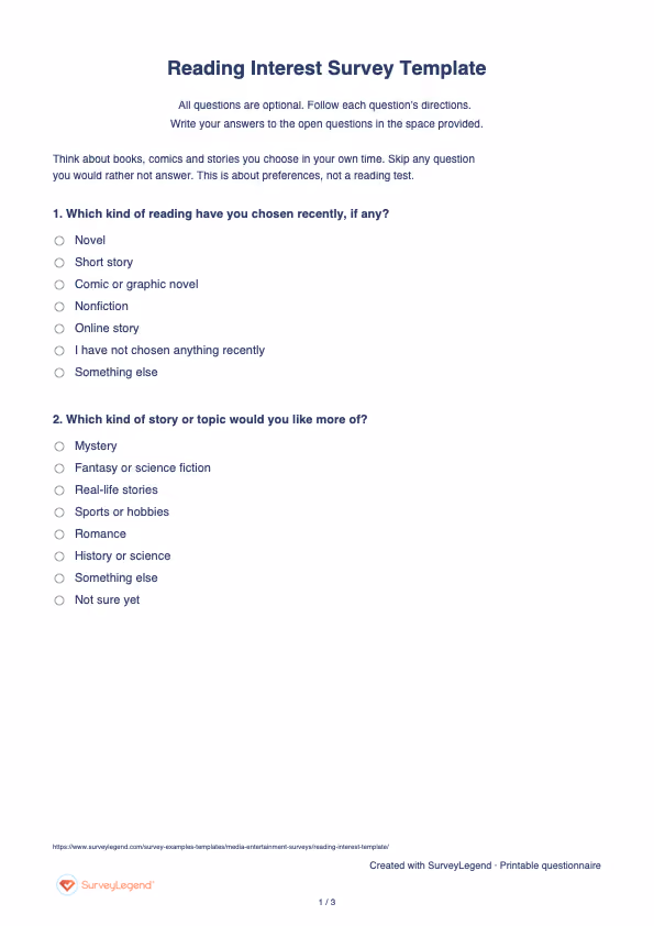 First page of the printable Reading Interest Survey Template with questions and answer spaces