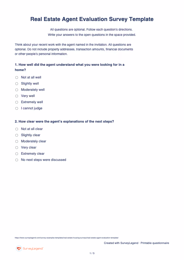 First page of the printable Real Estate Agent Evaluation Survey Template with questions and answer spaces